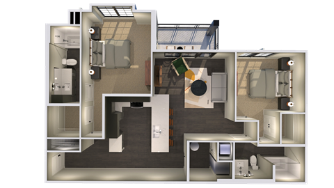 Floor plan for 2 beds, 2 baths, 1117 sqft
